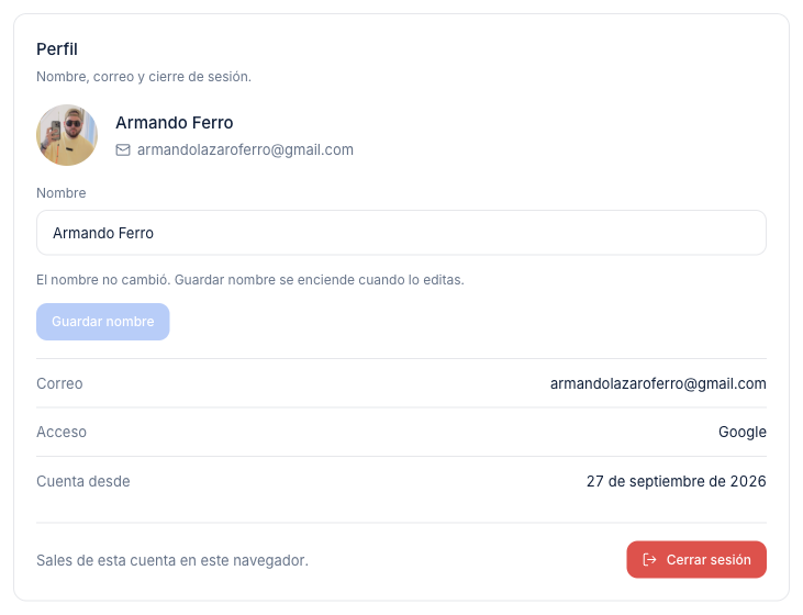 Perfil con el nombre, el correo y cerrar sesión