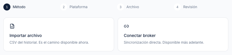 Paso de método: importar archivo o conectar broker