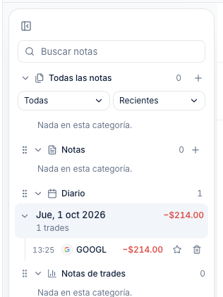 Columna de notas con el buscador, las categorías y el diario del día