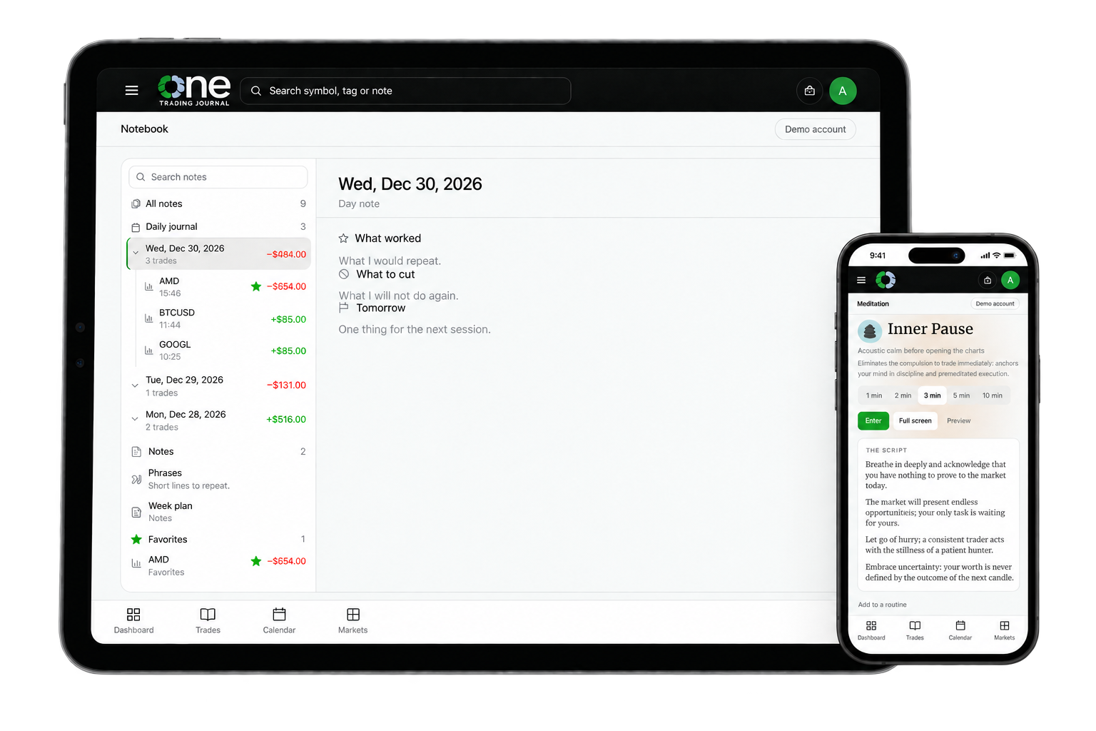 One Trading Journal en iPad con Notebook y en iPhone con Meditación, ambos en modo claro